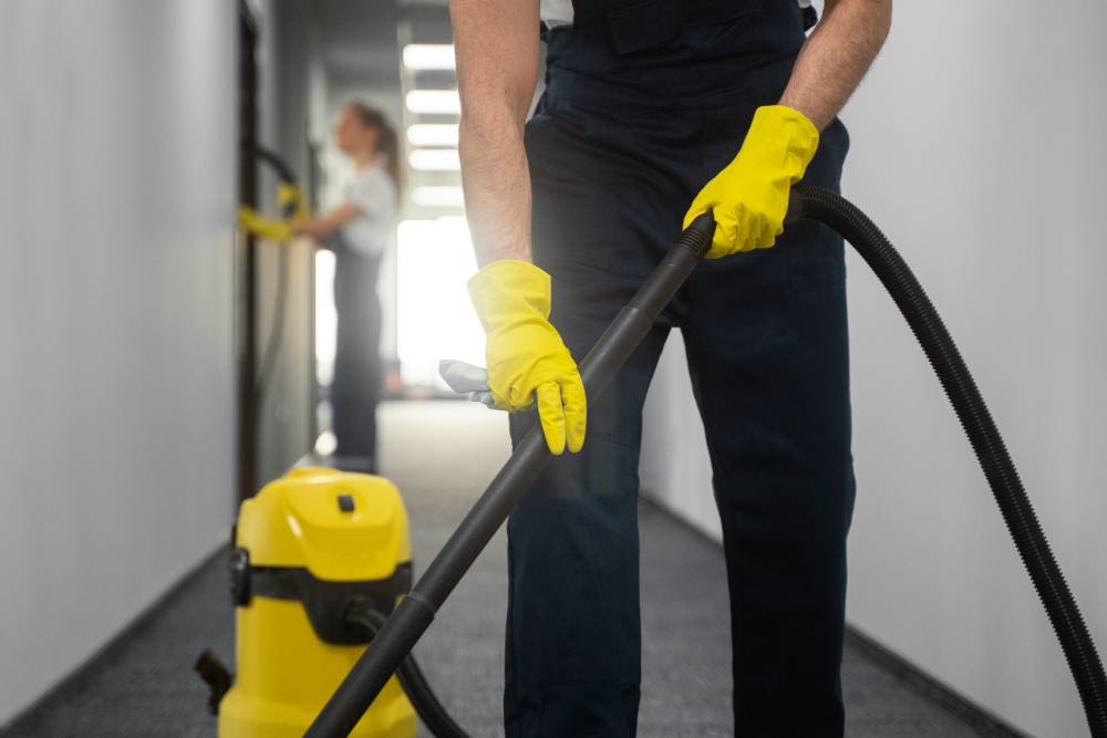 aafront view man cleaning indoors